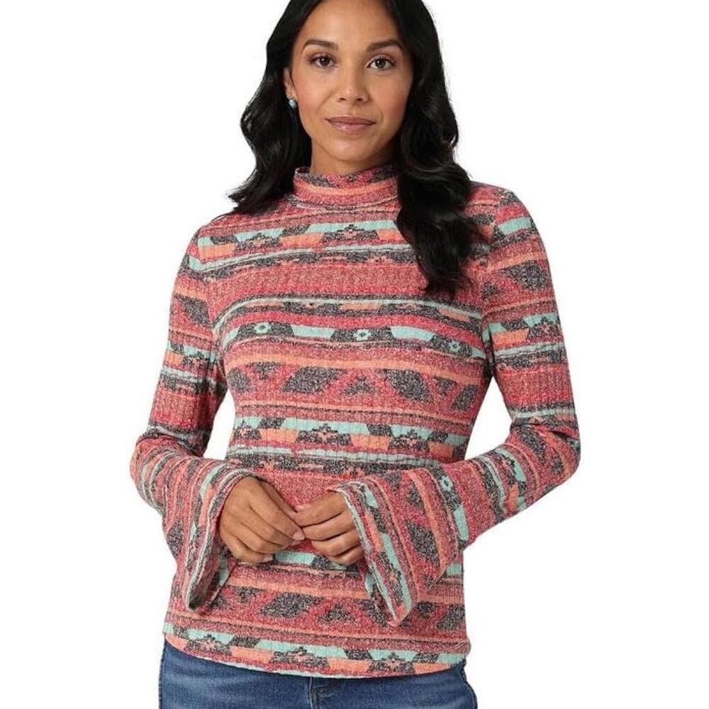 WRANGLER Retro Women’s Small Multicolor Knit Mock Neck Long Flute Sleeve Top
